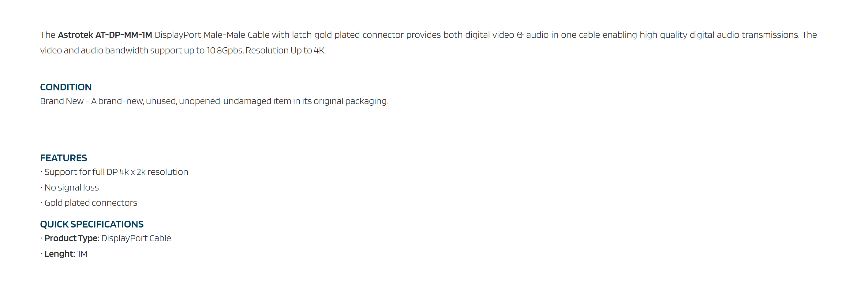 A large marketing image providing additional information about the product Astrotek DisplayPort to DisplayPort 1.2 Cable - 1m - Additional alt info not provided